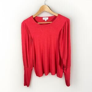 Evereve Ribbed Top Women’s M with Puffed Mutton Sleeves Red Feminine Cozycore